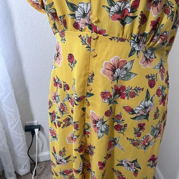 Lulus Button Front Midi Dress Women Large Short Sleeve Yellow Floral - Picture 4 of 10